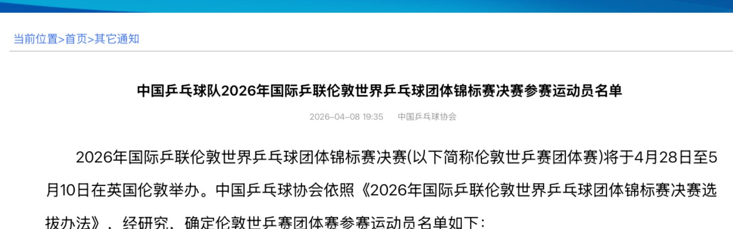 开云官网-樊振东自动放弃世乒赛名额！梁靖崑入选凑10人名单 温瑞博略遗憾
